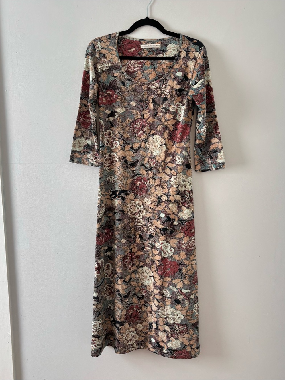 Peruvian Connection Floral Midi Dress 3/4 Sleeves Scoop Neck Birds Multicolor